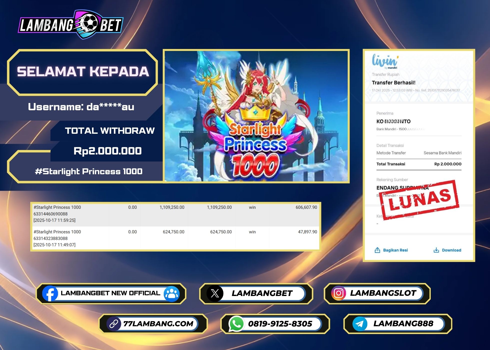 LAMBANGBET [17 OKTOBER 2025] JACKPOT SLOT Starlight Princess 1000 "Rp2.000.000" LUNAS